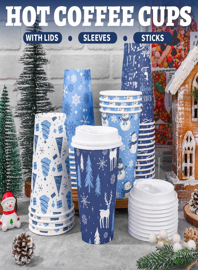 JarThenaAMCS 60Pcs Christmas Coffee Cups with Lids 16oz Blue Snowflake Xmas Tree Snowman Paper Cups Winter Disposable To Go Coffee Cup for Cafes Shops Cappuccino Chocolate Beverage Cocoa - Image 3